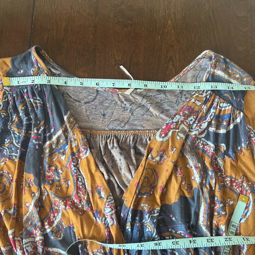 Free People Boho Faux Wrap Tie Waist Bell Sleeve Top In Golden Combo Size M - Picture 10 of 12